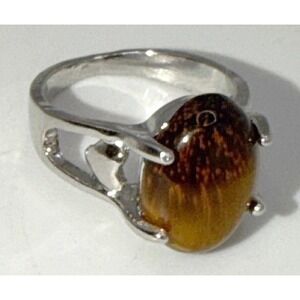 Silver‎ Tone Tiger's Eye Cabochon Ring Size 5.25. Heart design on band